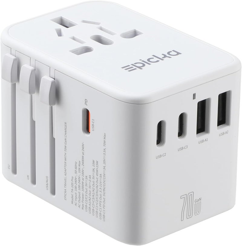 EPICKA Universal Travel Adapter, GaN International Plug Adapter with 3 USB-C 70W PD Fast Charging & 2 USB-A Adaptor All-in-one Wall Charger for USA EU UK AUS (TA-105 Pro, White) - Image 1